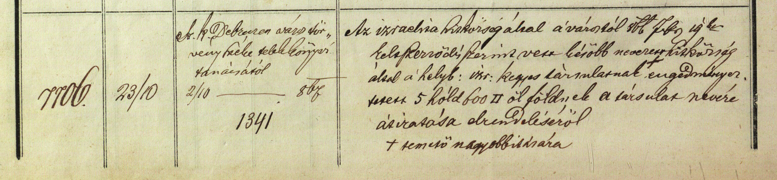 A temető bővítés a telekkönyvi hatóság iktatókönyvében 1867. nov. 6.